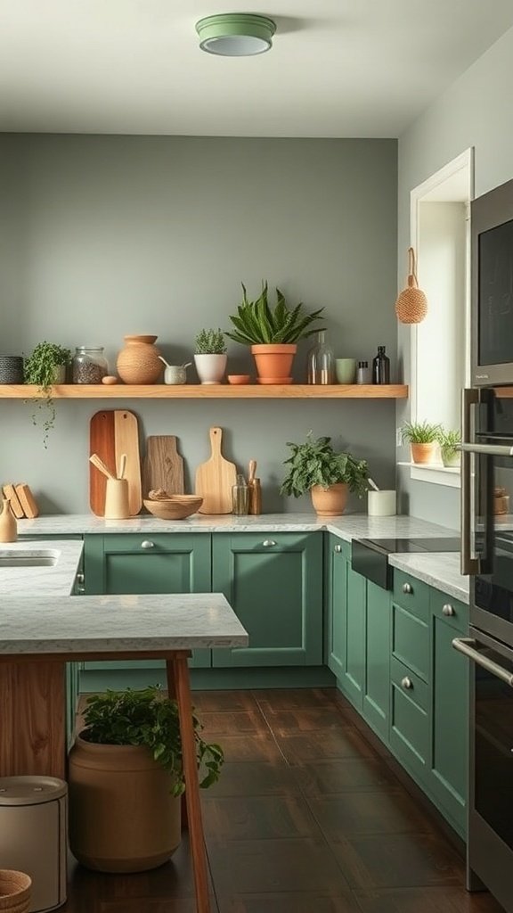 A green kitchen with plants and wooden utensils on open shelves.