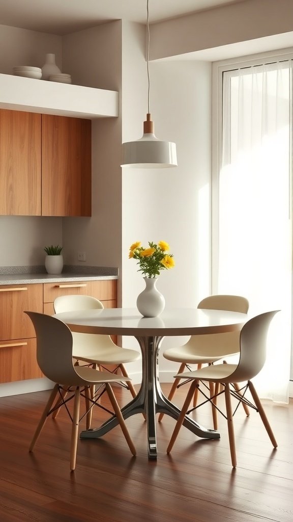 A mid-century modern kitchen featuring a round dining table with minimalist chairs and a vase of flowers.