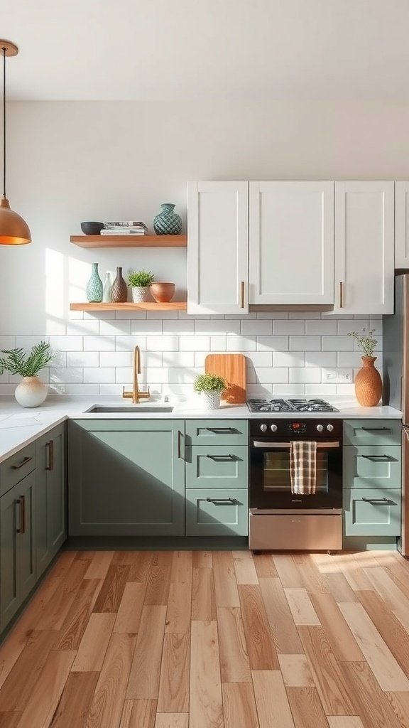 Modern kitchen with painted cabinets in green and white, showcasing open shelving and wood flooring.