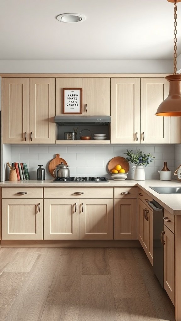 A modern kitchen featuring white oak cabinets, a pendant light, and decorative accessories.