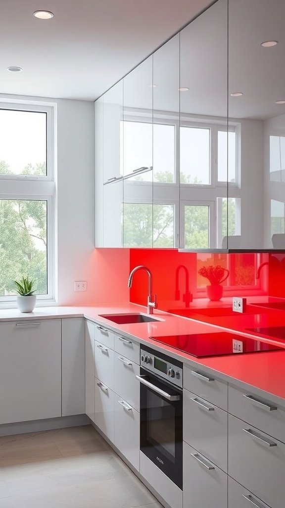 A modern kitchen featuring a bright red acrylic backsplash with white cabinets and a sleek design.