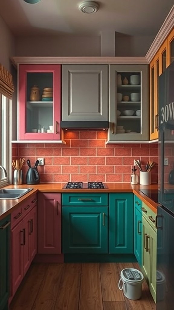 A colorful kitchen with pink, teal, and green painted cabinets, showcasing a vibrant and inviting atmosphere.