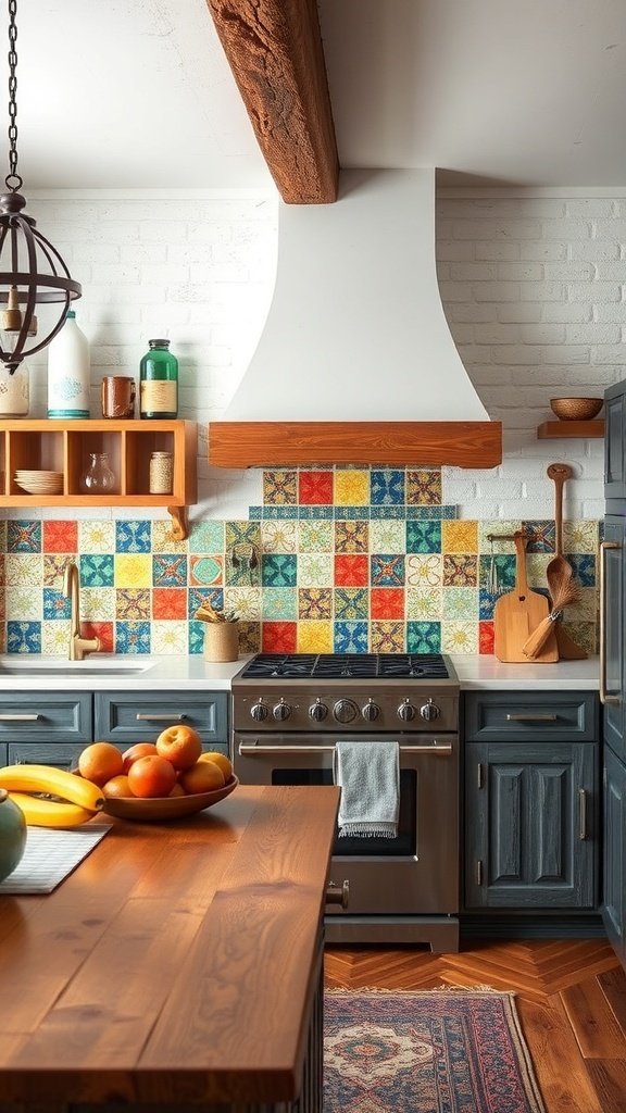 A rustic farmhouse kitchen featuring colorful patterned backsplash tiles, wooden accents, and a cozy atmosphere.