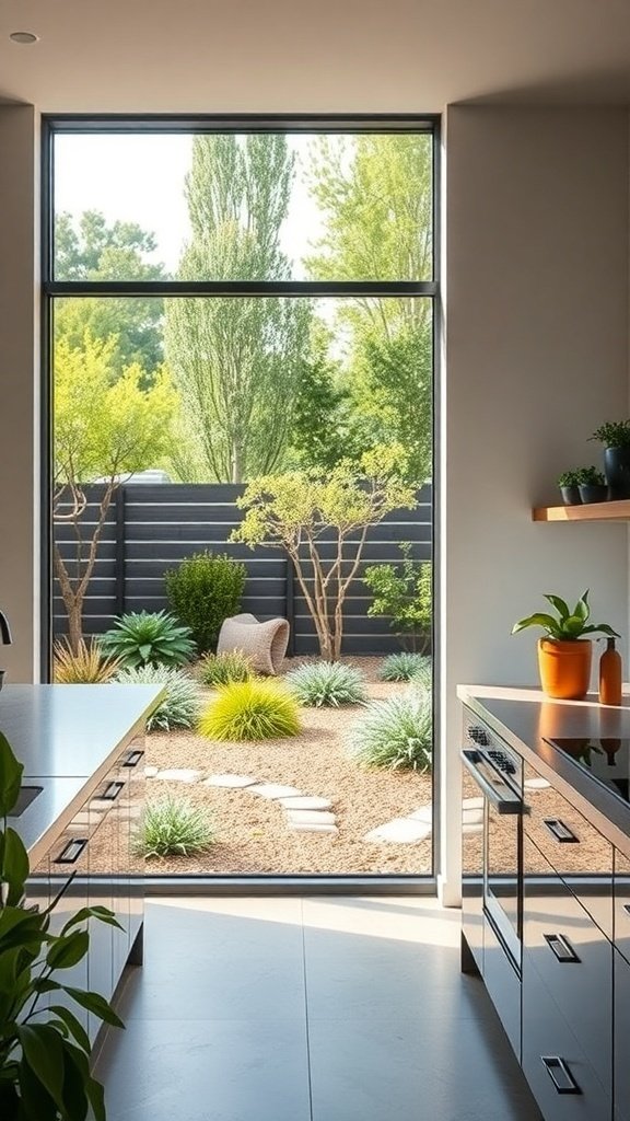A modern kitchen with a view of a water-efficient landscaped garden featuring various plants and a stone pathway.