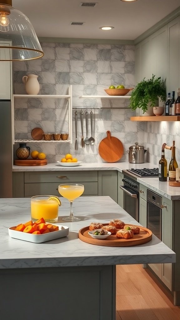 A stylish open kitchen with marble countertops, snacks, and drinks ready for entertaining.