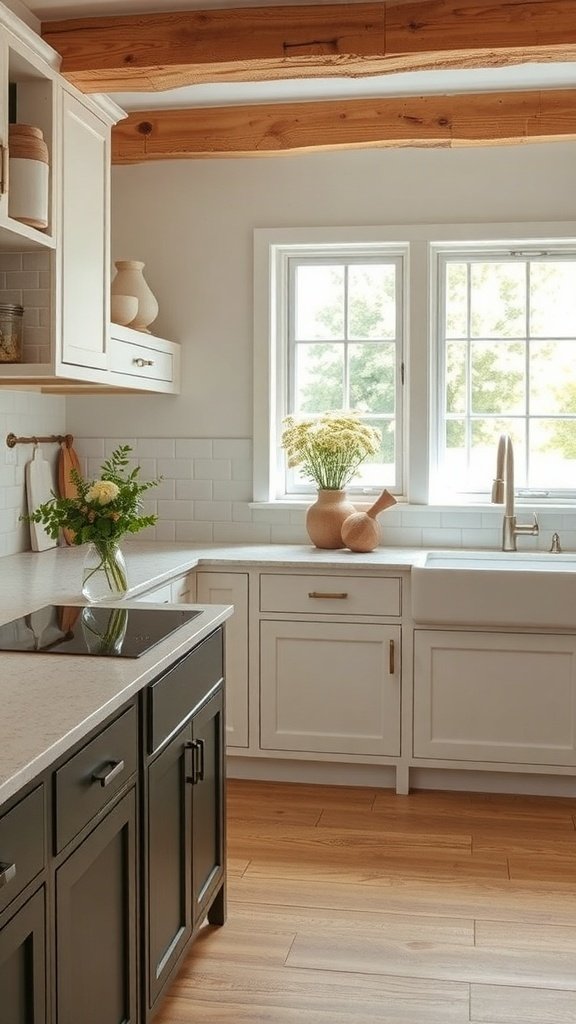 A farmhouse kitchen featuring natural stone countertops, wooden beams, and fresh flowers.