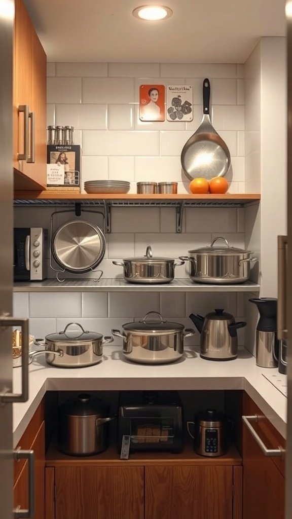 A compact kitchen with neatly arranged stainless steel cookware on shelves, showcasing space-efficient storage solutions.