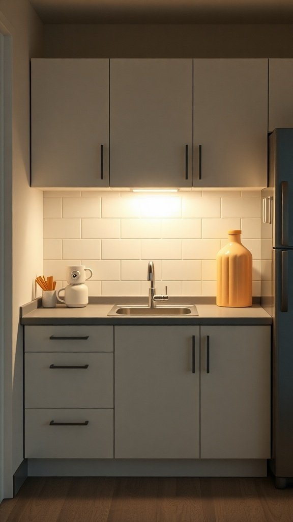 Cozy small kitchen with under-cabinet lighting illuminating the countertop.