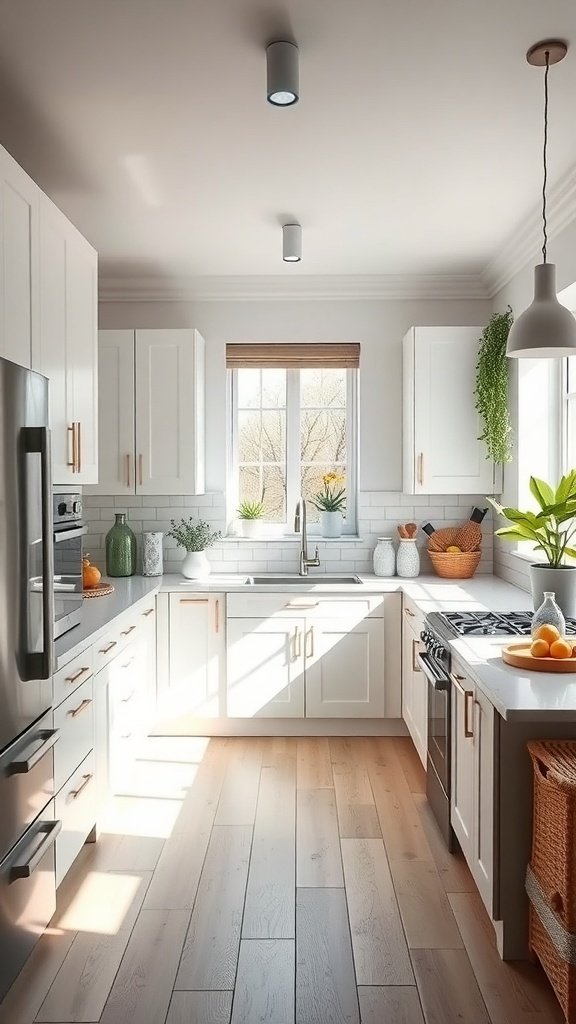 A bright kitchen featuring white cabinets, natural light, and plants.