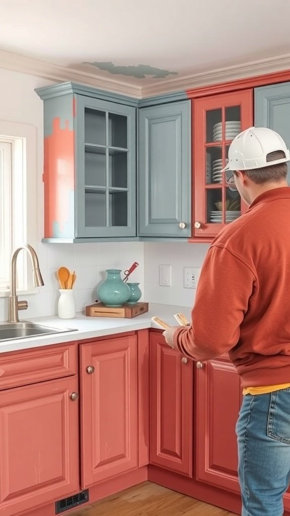 A person considering paint colors for kitchen cabinets, featuring blue and coral hues.