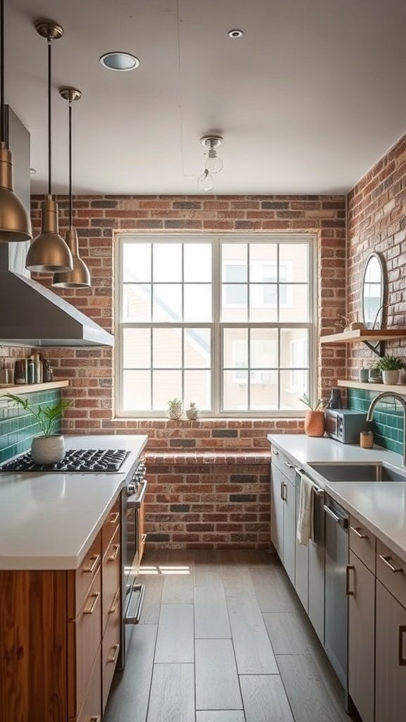A modern kitchen featuring exposed brick walls, metal pendant lights, and wooden cabinetry.