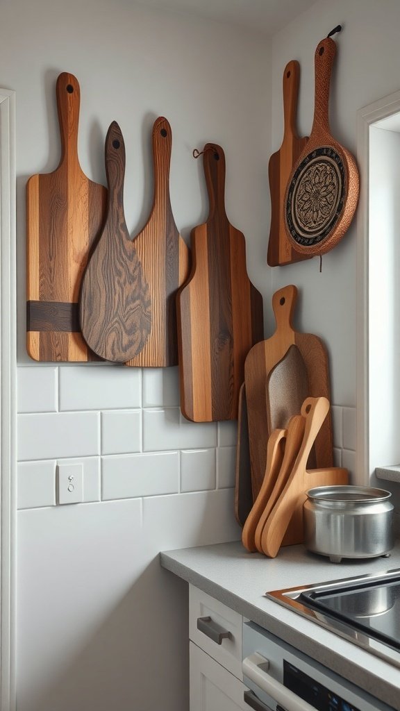 A collection of decorative wooden cutting boards displayed on a kitchen wall.