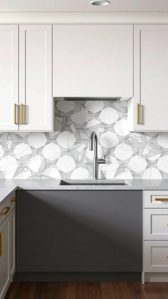 A modern kitchen with a geometric marble backsplash featuring white and gray tones.