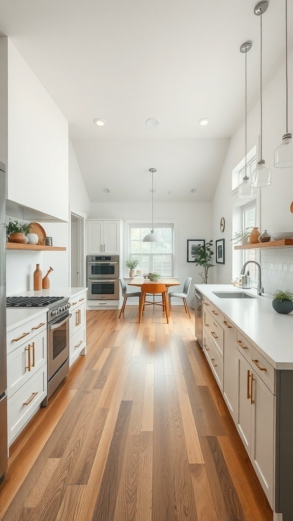 Modern kitchen with an open floor plan, featuring white cabinetry, wooden flooring, and a dining area.