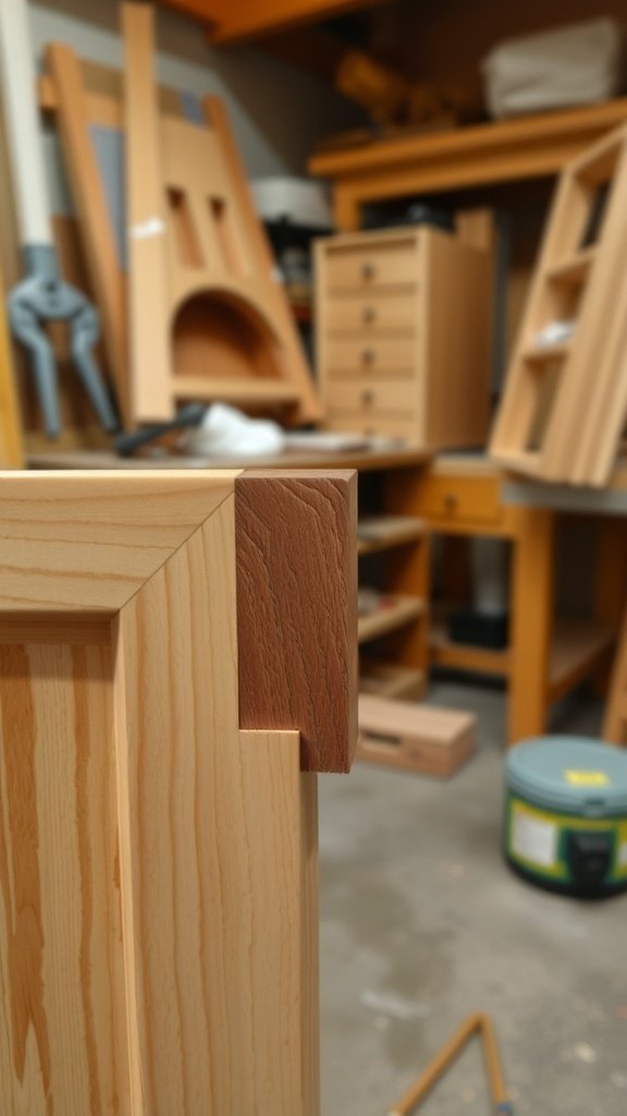 Close-up view of a dovetail joint on a wooden cabinet in a workshop setting.