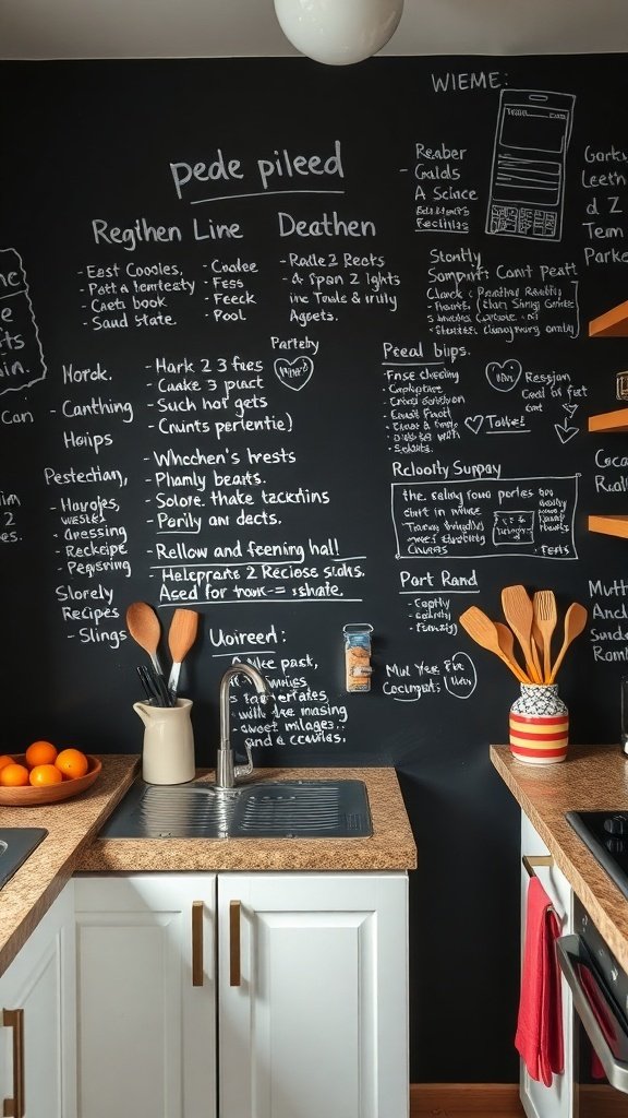 A chalkboard wall in a small kitchen filled with notes and recipes.