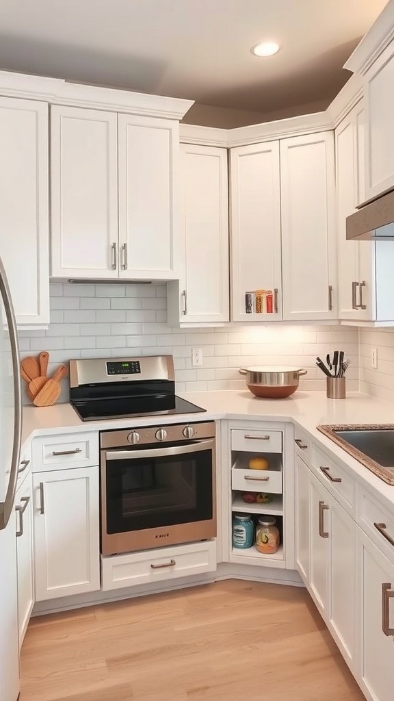 A modern kitchen featuring white cabinets, a stove, and organized storage solutions.