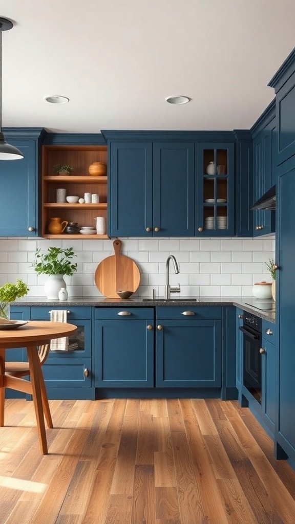 A modern kitchen featuring blue cabinets, wooden shelves, and a warm wooden floor.