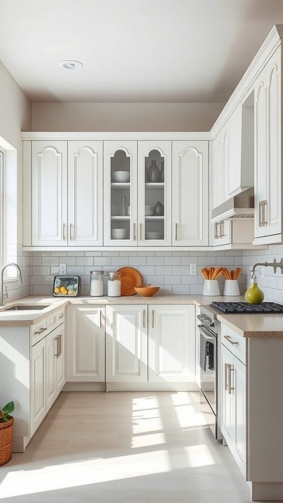 A bright kitchen featuring white cabinets, light countertops, and a cozy atmosphere.