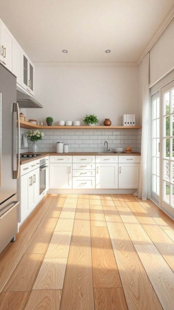 A bright kitchen featuring wooden flooring, white cabinetry, and open shelving.