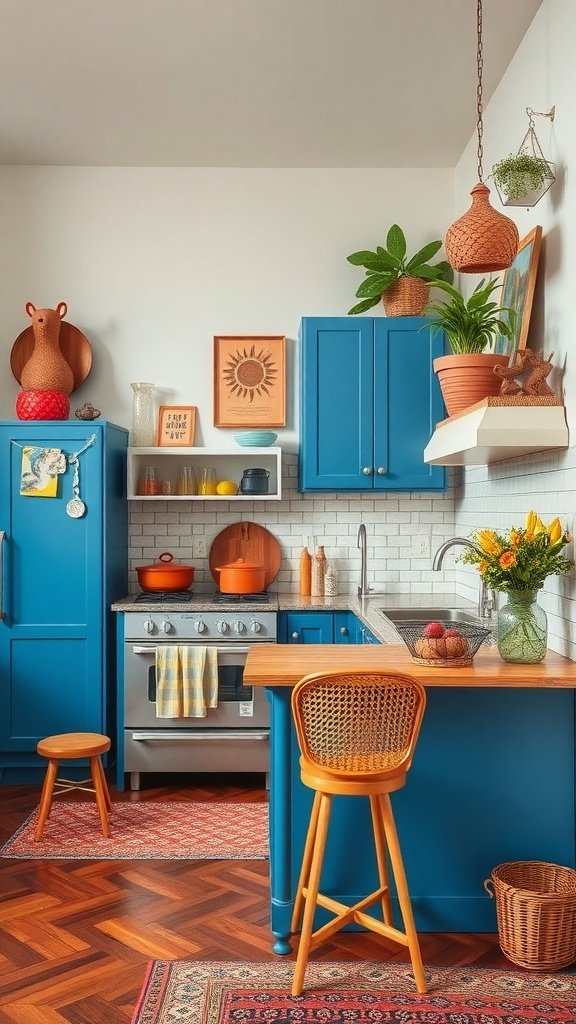 A bright kitchen featuring blue cabinets, wooden accents, and eclectic decor elements.