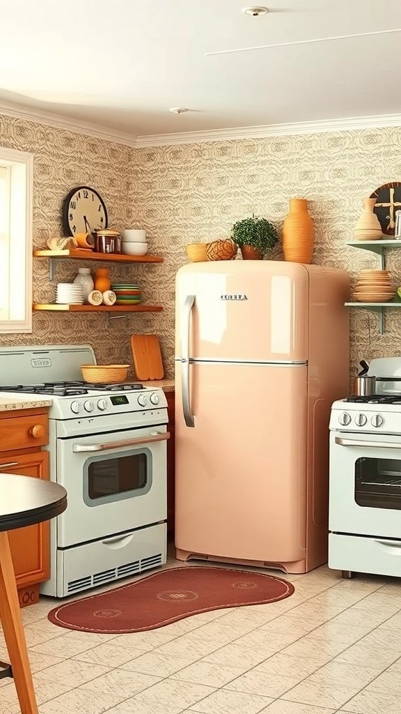 Mid-century modern kitchen featuring a pink refrigerator and white stove with wooden shelves