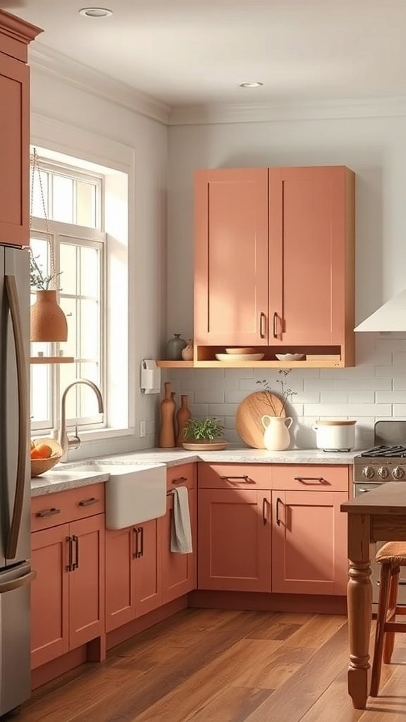 A kitchen featuring muted coral cabinets, wooden accents, and a cozy atmosphere.