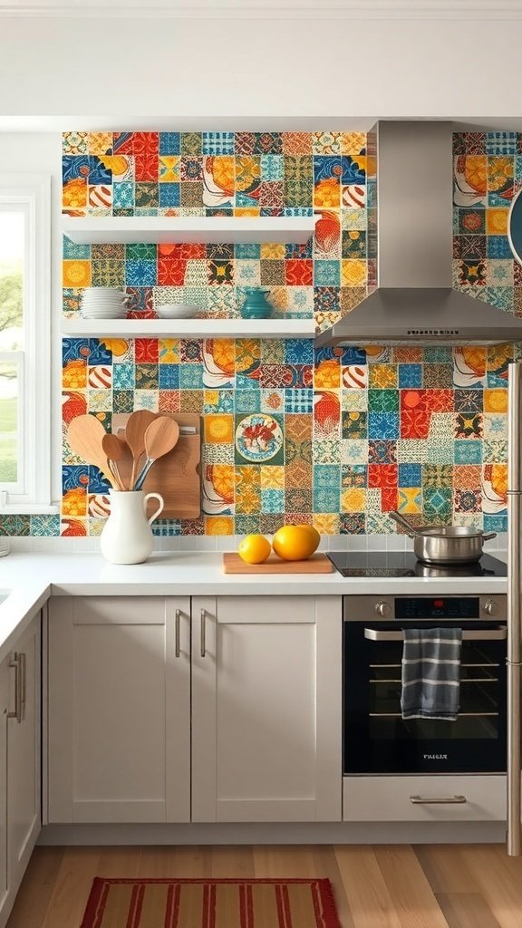 Colorful patchwork tile backsplash in a modern kitchen