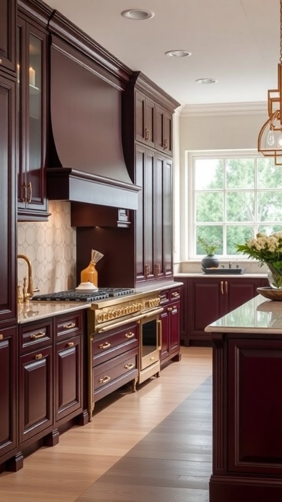 Luxurious kitchen with deep burgundy cabinets and gold accents