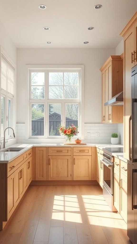 Bright kitchen with white oak cabinets and large windows letting in natural light.