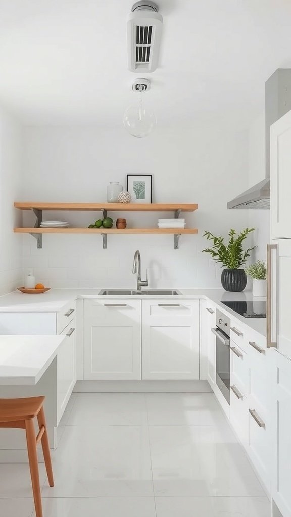 A minimalist small kitchen featuring white cabinets, open wooden shelves, and a modern pendant light.