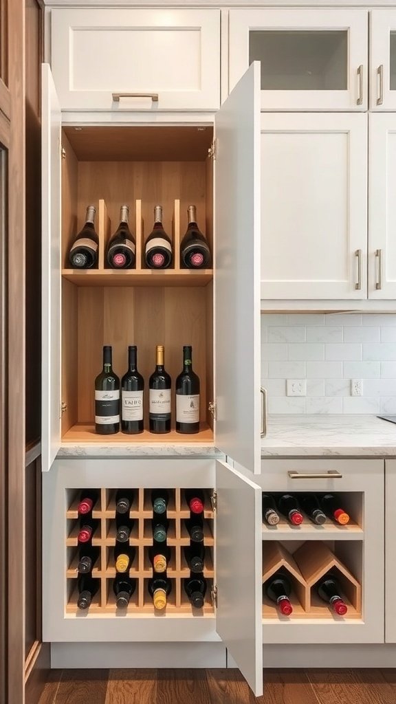 A modern kitchen cabinet with an integrated wine rack, showcasing various wine bottles.