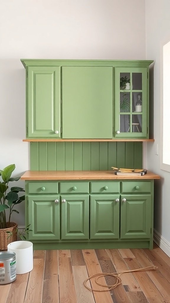 A set of green kitchen cabinets with a wooden countertop and a plant beside them.