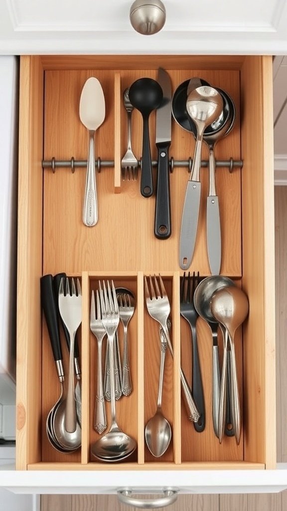 An organized kitchen drawer with utensils and cutlery neatly arranged using dividers.