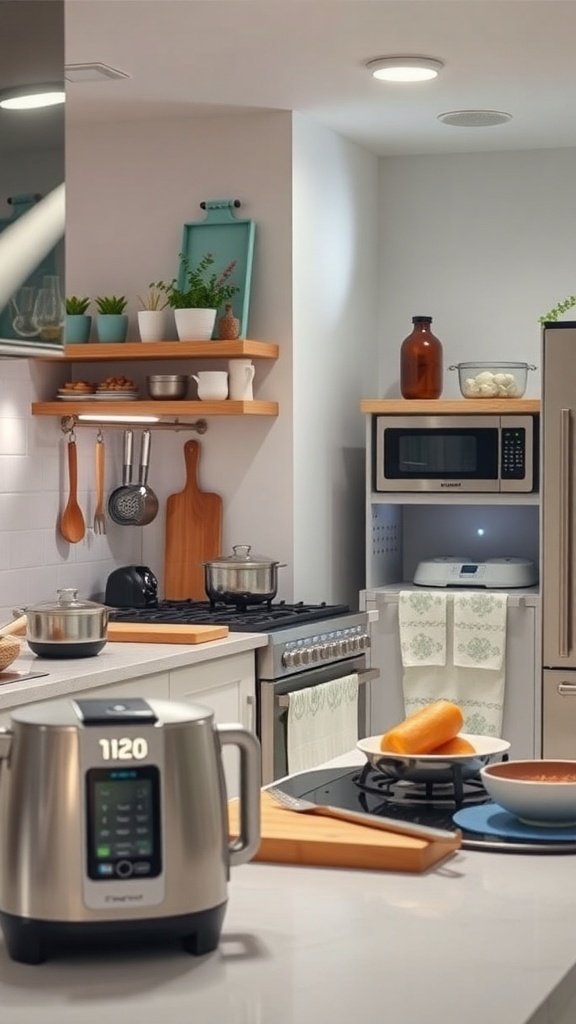 A modern kitchen featuring a multifunctional cooker, organized countertop, and open shelving with herbs and spices.