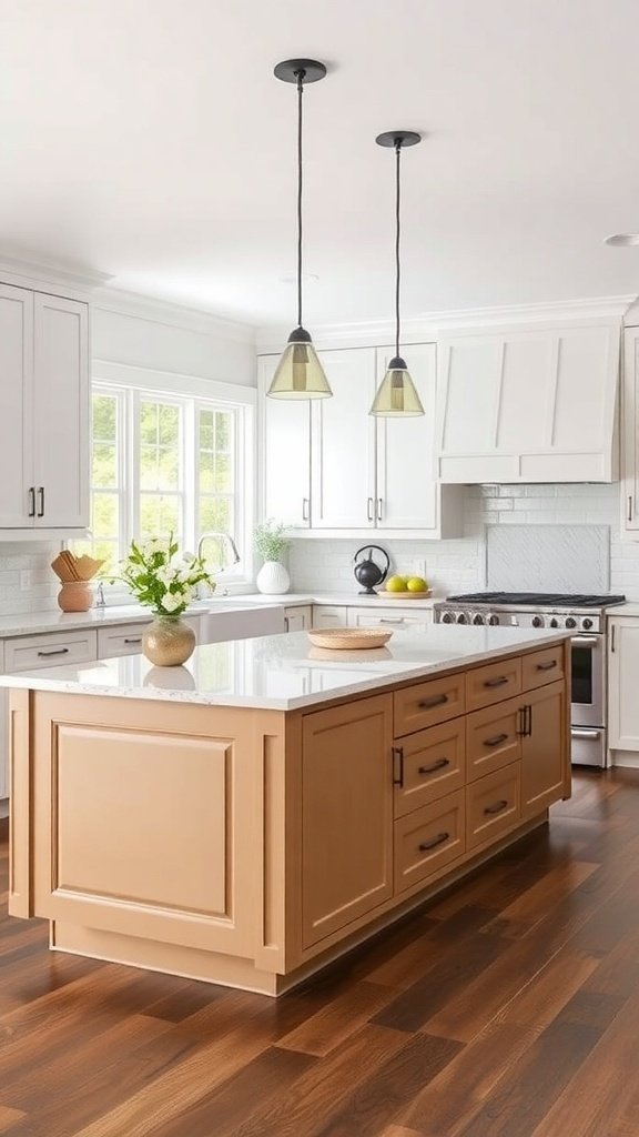 A modern kitchen featuring two-tone cabinets with light upper cabinets and a warm-colored island.