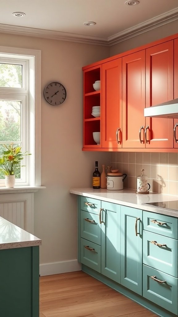 A kitchen featuring vibrant orange and teal painted cabinets, showcasing a lively and inviting atmosphere.