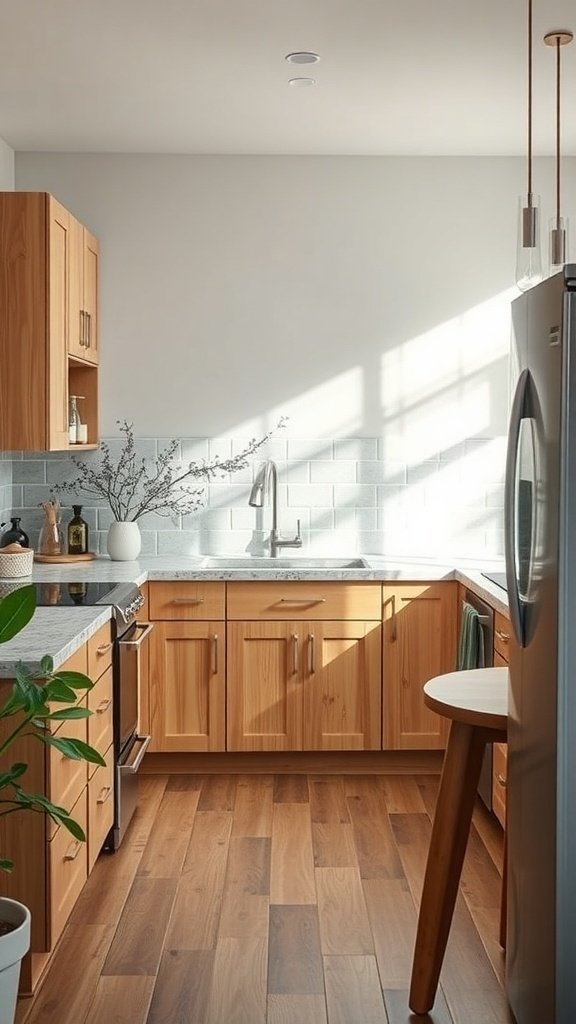 A modern kitchen featuring wooden cabinets, natural stone countertops, and plants, emphasizing eco-friendly materials.