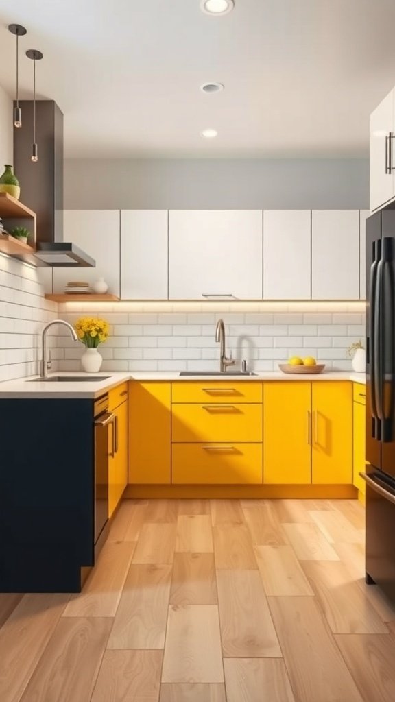 A modern kitchen featuring two-tone cabinets in bright yellow and navy blue.