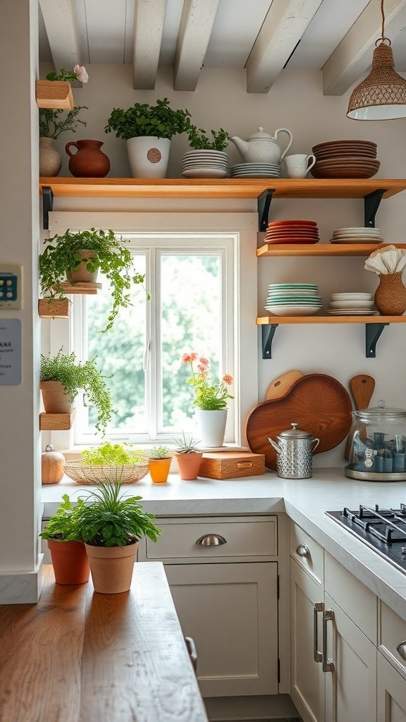 Open shelving in a farmhouse kitchen displaying fresh herbs and kitchenware.
