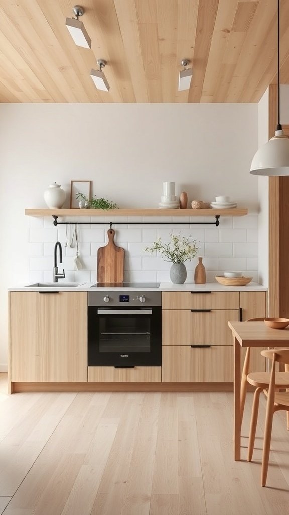 A modern Scandinavian kitchen featuring light wood cabinetry, white tiles, and minimal decor.