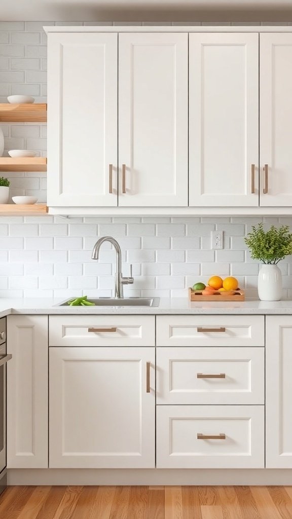 A simple kitchen design featuring white cabinets, modern handles, and a clean countertop.