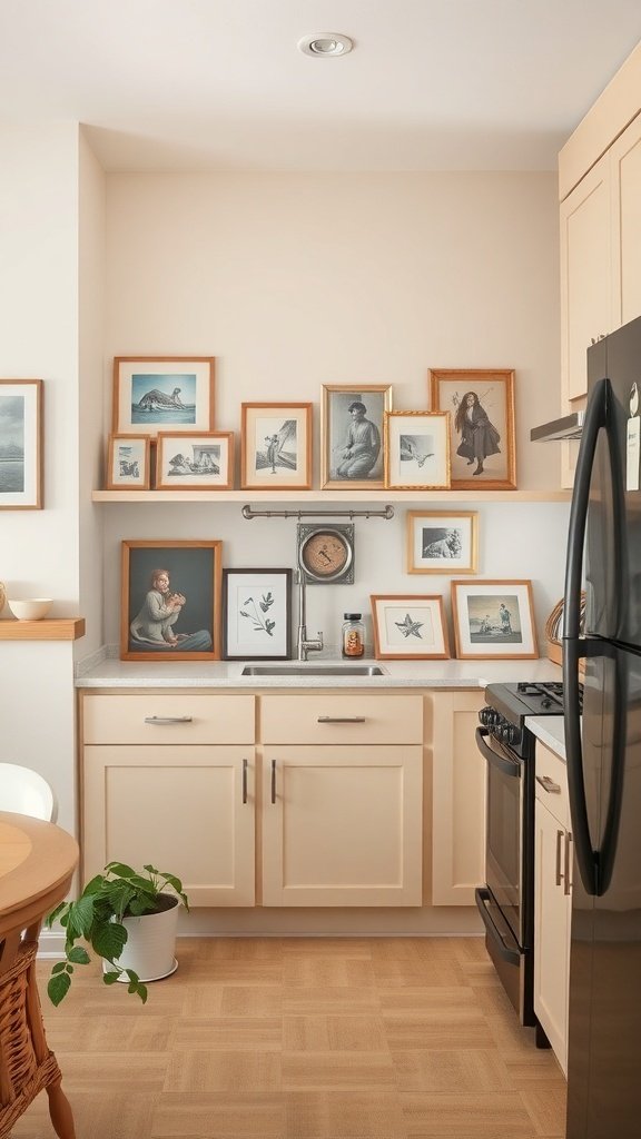 A beige kitchen featuring various framed artworks on the wall, with a small plant in the corner.