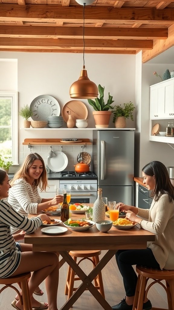 Three friends enjoying a meal together in an open kitchen setting