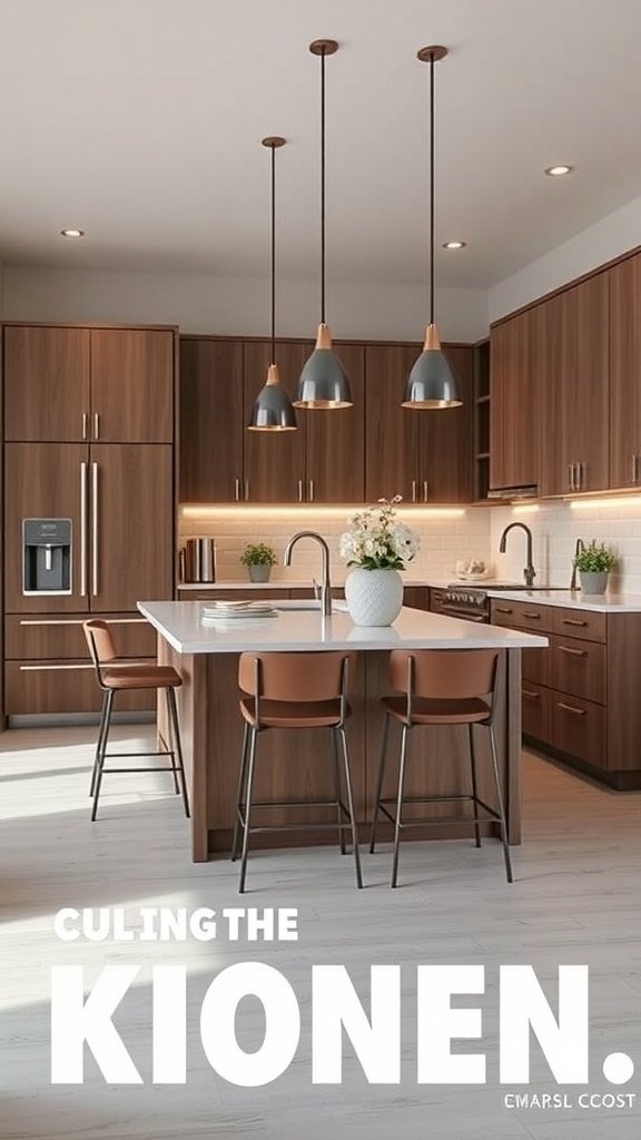 A modern kitchen with bar seating and stylish pendant lights.