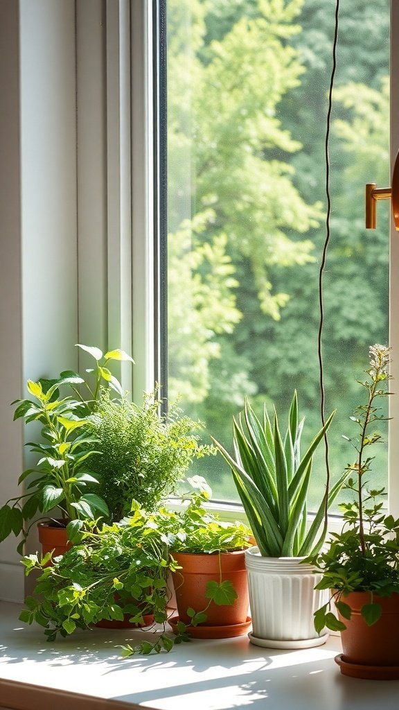 A sunny window sill with various potted herbs, including basil, parsley, and an aloe plant, surrounded by greenery outside.