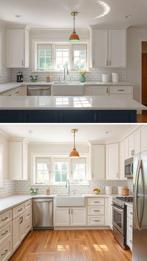 A kitchen with painted cabinets in cream and navy, showcasing the effect of natural and artificial lighting.