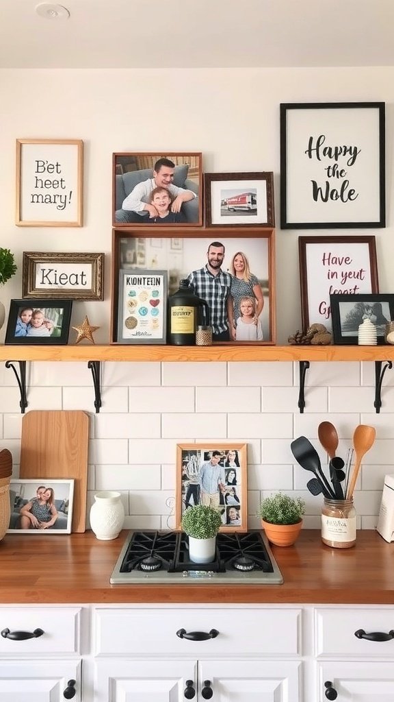 A cozy kitchen with personal decor including family photos and potted plants.