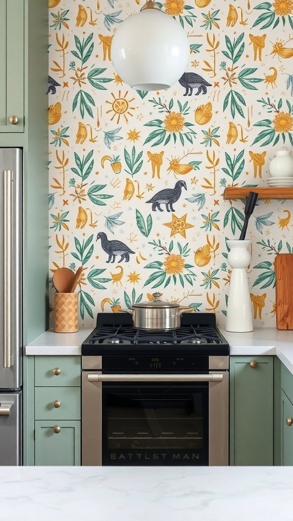 A kitchen featuring whimsical patterned wallpaper with flowers and animals, complemented by green cabinets and modern appliances.