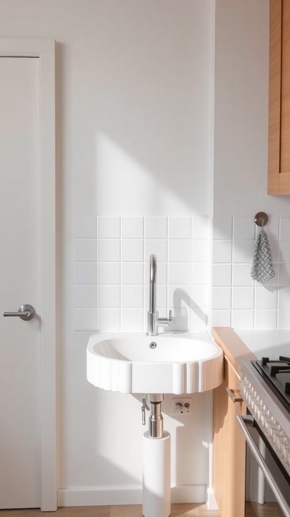 A modern corner sink with a minimalist design in a small kitchen space.